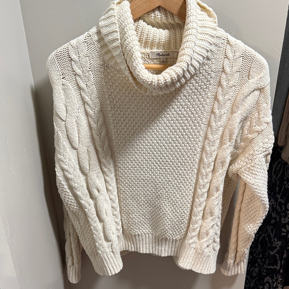 Madewell Cream Cable Knit Turtleneck Sweater